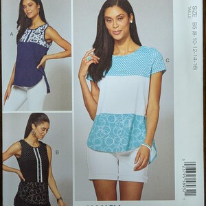 May include: McCall's sewing pattern M7600 featuring three top designs. The pattern includes multiple view options with simple instructions. The size range is B5 (8-10-12-14-16). Designed and printed in the USA.