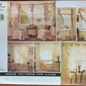 May include: A Vogue Patterns for Living sewing pattern envelope, number 1596, featuring illustrations of various window treatments and chair covers. The design by Susanna Stratton-Norris displays multiple sheer curtain styles, swags, and drapes.