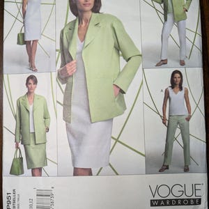May include: A Vogue Wardrobe sewing pattern, featuring a woman in a light green blazer and white dress. The pattern includes options for a skirt suit, pantsuit, and dress. The pattern number is P951.