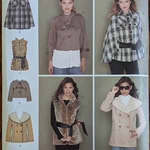 May include: Simplicity sewing pattern 2285, size H5, featuring four garment designs: a plaid cape, a cropped jacket with epaulets, a leopard print vest with a black tie belt, and a double-breasted jacket with a wide collar and button closures.
