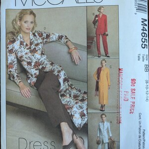 May include: McCall's sewing pattern M4655 for a dress with three different style options. The pattern is for sizes 8-10-12-14 and is on sale for 99 cents.