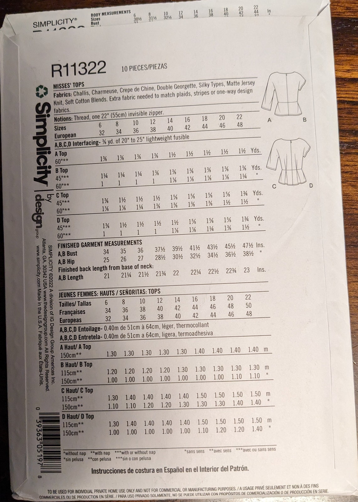 Simplicity R11329 Uncut Simplicity Sewing Pattern #R11322 for Misses and Plus Size Tops ...