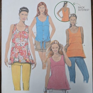Uncut Simplicity Sewing Pattern #1614 for Misses and Misses&#39; Plus Size Tops with Back Details. Sizes 4-12 and Sizes 12-20 Available.