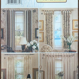 May include: A Butterick 4277 Waverly sewing pattern envelope featuring four window treatment designs. The front displays illustrations of various curtain styles, including striped, patterned, and solid drapes hung on rods, with a barcode and text.