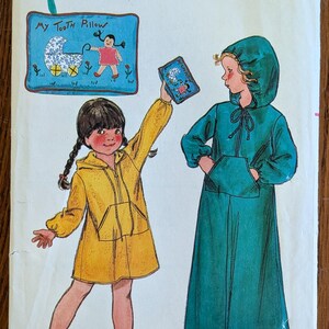 Uncut 70s Vintage Butterick Sewing Pattern 6853 for Childs' Hooded Robe in 2 Lengths and Tooth Fairy Pillow. Size A (2-4).