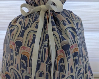Eco-Friendly Periwinkle & Pink Abstract Fully Lined Drawstring Fabric Gift Bags. Washable, Reusable, 100% Cotton.