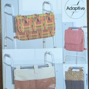 May include: Simplicity Adaptive pattern for walker bags. The image shows various bag designs, including one with a colorful geometric pattern, a solid red bag, and a bag with a leopard print and a brown bottom. The pattern is designed and printed in the USA.