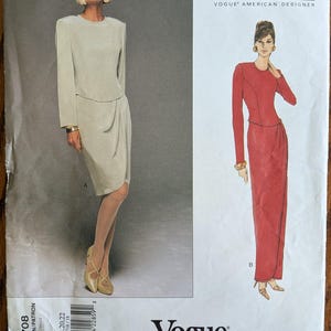 May include: A Vogue American Designer sewing pattern envelope by Tom and Linda Platt, number 1708. The front displays two dress variations: a light beige knee-length dress and a long red dress, both featuring long sleeves and a wrap-style skirt detail.