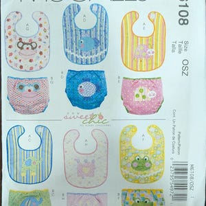 May include: A McCall's M6108 sewing pattern envelope for infant bibs and diaper covers. The front displays illustrations of six bib and diaper cover sets featuring animal motifs like monkeys, fish, ladybugs, elephants, and frogs in various colors.