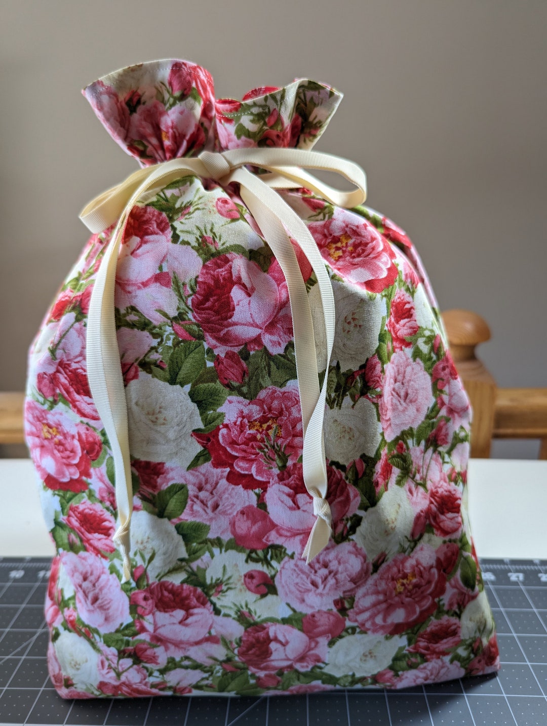 Eco Friendly Pink and Red Floral Fully Lined Drawstring Fabric Gift
