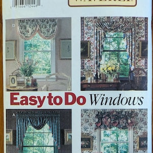 May include: A Butterick Waverly sewing pattern envelope for Easy to Do Windows, model 5946. The front features four distinct window treatment designs with floral and patterned fabrics, including valances and drapes, displayed in room settings.
