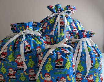 Eco-Friendly Fully Lined Christmas Holiday Drawstring Gift Bags Reusable Washable Zero Waste