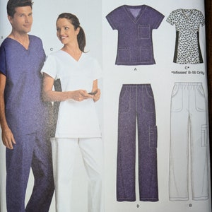 May include: A sewing pattern for scrubs, featuring a navy blue and white V-neck top and pants. The pattern includes multiple views and sizes, with the brand name "New Look" at the top. The pattern number is 6876.