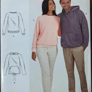 May include: A sewing pattern for two sweatshirts, one with a hood and one without. The pattern is for sizes XS-XL. The pattern number is R10945 A.