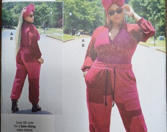 Uncut Know Me By Mimi G Sewing Pattern ME2055 for Misses and Misses Plus Size Bodysuit and Cargo Sweatpants. Sizes 8-16 and Sizes 18-26