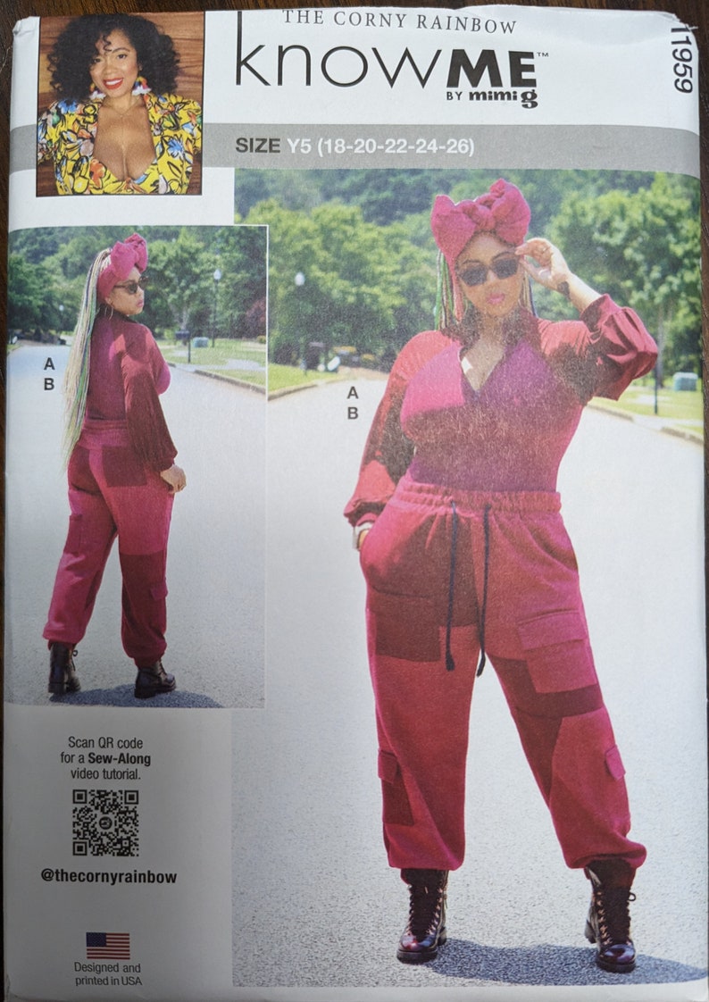 May include: Sewing pattern for a two-piece outfit, featuring a long-sleeved top and pants. The pattern is for sizes Y5 (18-20-22-24-26). The pattern is called "Know Me" by Mimi G. The pattern is from The Corny Rainbow.
