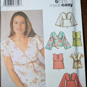May include: Simplicity sewing pattern 5099 for 6 tops, sizes 8-14. The pattern includes instructions for making a variety of tops, including a wrap top, a sleeveless top, and a top with bell sleeves. The pattern is made easy with step-by-step instructions.