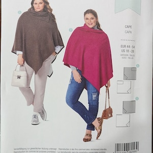 May include: Burda Style sewing pattern 6256 for a cape. The pattern includes instructions for sizes EUR 44-54, US 18-28. The pattern is labeled "super easy".