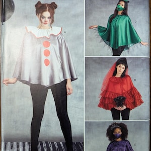 May include: A sewing pattern for four Halloween costumes: a clown, a witch, a bride, and a spider. The pattern is from Simplicity and is for one size.