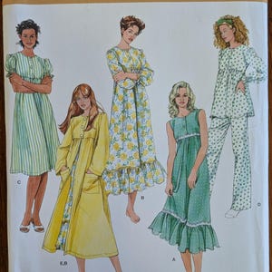 May include: A Simplicity 3573 sewing pattern envelope for sizes M, L, and XL. The front displays illustrations of five different garment styles including a striped dress, a yellow robe, a floral long dress, a green dress, and a patterned pajama set.