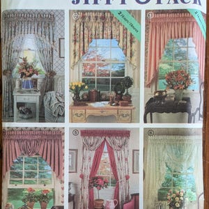 May include: A Simplicity sewing pattern envelope labeled 7946 Abbie's Jiffy 6 Pack. The front displays six numbered illustrations of various window curtain styles, including floral, solid, and lace designs, each shown in a home interior setting.
