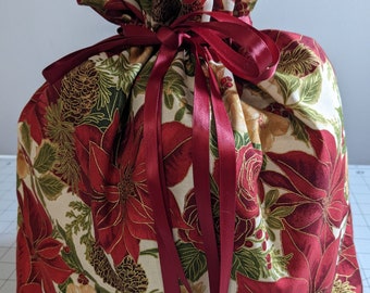 Eco-Friendly Poinsettia Christmas Holiday Fully Lined Drawstring Gift Bags Reusable Washable 100% Cotton