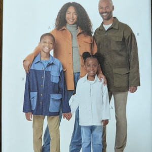 May include: Butterick B7016 sewing pattern featuring a family wearing jackets. The jackets are in various colors, including denim blue, tan, and olive green. The pattern includes sizes XS to XL.