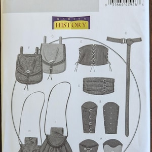 May include: Butterick B5371 sewing pattern for historical costumes. The pattern includes designs for various accessories such as pouches, a belt, and arm cuffs. The image shows detailed illustrations of each item, with size options for extra-large, medium, and small.