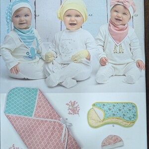 Uncut Simplicity Sewing Pattern #8537 for Baby Accessories. Hats, Mittens, Bandana Bib, Burp Cloth & Wrap Blanket.