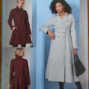 May include: Vogue Patterns V1837 sewing pattern envelope for sizes 16-20-22-24. The front displays two coat styles: a solid dark burgundy double-breasted coat with a flared skirt and a black and white houndstooth double-breasted coat with a collar.