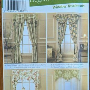 May include: A Simplicity 5688 sewing pattern envelope for Home Decorating Elegant Windows window treatments. The package features illustrations of four different curtain styles, including swag valances, balloon valances, and side drapery panels.