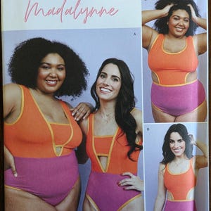 May include: Simplicity sewing pattern S9609 featuring a two-piece swimsuit design. The pattern includes images of the swimsuit in orange and pink, with a cutout design. The pattern is for all sizes.