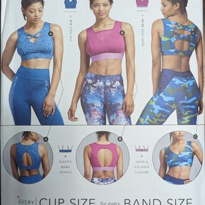 May include: A sewing pattern for a sports bra with a variety of cup and band sizes. The pattern includes instructions for different back styles, including a hook and eye closure and an elastic band. The pattern is designed for every cup size and band size.
