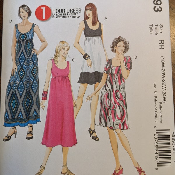 Uncut McCall's Sewing Pattern #M5893 for Women's Plus Size Dresses in 4 Lengths.  Sizes 18W-24W