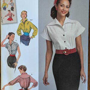May include: Simplicity sewing pattern 8445 for 1950s vintage style clothing. The envelope features illustrations and a photograph of a short-sleeved, collared, polka-dot button-down shirt paired with a solid black pencil skirt and a red belt.