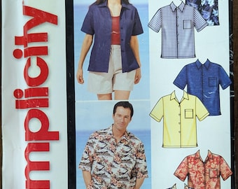 Uncut Simplicity Sewing Pattern #5992 for Misses' and Men's Shirt with Variations. Sizes S-L/S-XL.