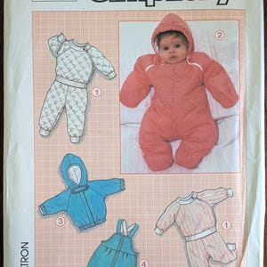 Uncut Vintage Simplicity Sewing Pattern #7108 for Babies' Top and Pants, Lined Jacket and Padded Snowsuit and Overalls. Sizes NB-18 Months.