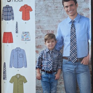 May include: Simplicity sewing pattern featuring shirt and shorts designs. The cover shows a man and a boy wearing shirts and ties. The pattern includes various shirt styles and shorts. The text "3 hour" is visible.