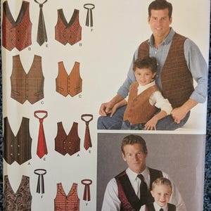 May include: A Simplicity sewing pattern envelope 4762 for vests and ties in sizes S-L/S-XL. The packaging displays illustrations of various vest styles with patterns including plaid, paisley, and solid colors, alongside photographs of adults and children wearing the finished garments.