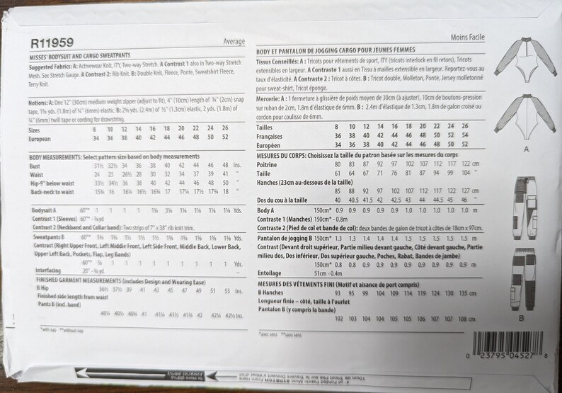 May include: Sewing pattern instructions for a bodysuit and cargo sweatpants. The pattern includes size charts in both inches and centimeters, fabric recommendations, and notions needed for the project. The pattern is for sizes 8 to 26.