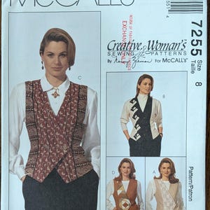 May include: McCall's sewing pattern featuring a woman's vest. The pattern includes multiple vest designs, with a size 8. The cover displays a woman wearing a vest with a paisley pattern and other vest variations.