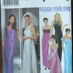 May include: Simplicity pattern 9504 featuring designs for formal dresses. The image shows illustrations of various gowns, including a purple dress, a white bridal gown, and other colorful options. The pattern size is RR 14, 16, 18, 20.
