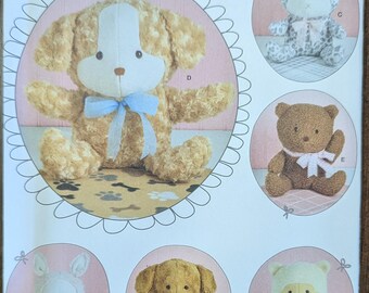 Uncut Simplicity Sewing Pattern #S9838 for 14" Plush Animals and Blanket, including Bear, Bunny, Kitty, and Puppy.