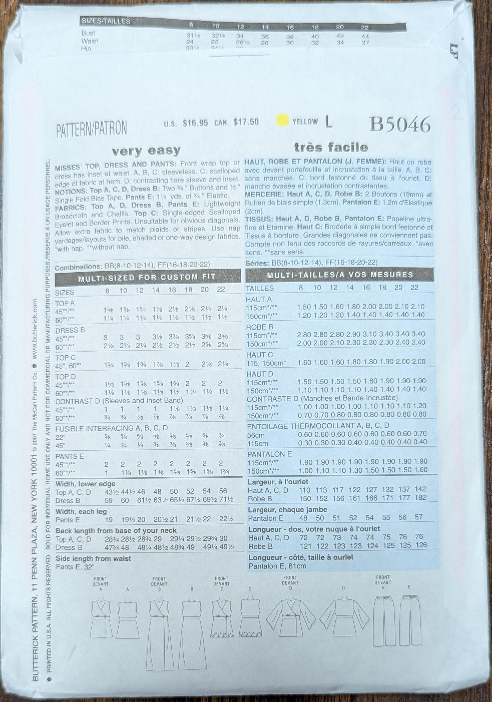 Uncut Butterick Sewing Pattern #B5046 for Misses and Misses' Plus Size ...