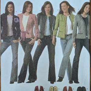 May include: A Simplicity 4954 sewing pattern envelope for jackets in size DD 4, 6, 8, 10. The front displays five variations of jackets worn with jeans, including tweed, textured, and solid styles with various closures, plus illustrations of eight jacket designs.