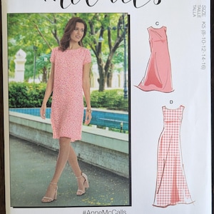 May include: McCall's sewing pattern M8053 featuring a pink dress with a floral pattern. The pattern includes multiple view options and simple instructions. The size range is K5 (8-10-12-14-16).