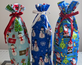 Set of 3 Christmas Holiday Wine Bottle Fabric Gift Bags Fully Lined 100% Cotton Washable Reusable