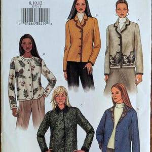 May include: Butterick sewing pattern 3573 for jackets in sizes 8, 10, and 12. The envelope displays five illustrations of jackets with varying designs, including a mustard yellow jacket, a beige jacket with cat graphics, and floral patterns.
