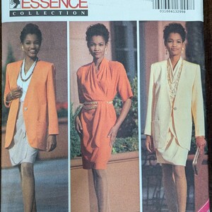 May include: A vintage sewing pattern for a dress and blazer. The pattern is from the Butterick Essence Collection and is size 18-20-22. The pattern number is 6157. The pattern shows three different models wearing the dress and blazer in different colors.