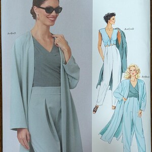 May include: A sewing pattern package from New Look, featuring a woman wearing a light blue outfit. The package includes illustrations of different outfit variations, including a top, pants, and a long coat. The pattern is size A, U.S. sizes 8-18.
